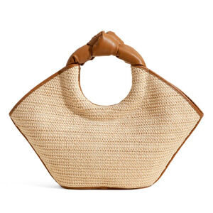Hereu Raffia Tote Natural Calf Leather Bag Sculptured Knot Designer 12x21x5 $600